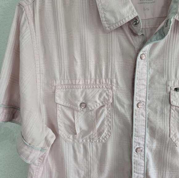 VTG Guess Shirt Men Sz Large Pink Snap Buttons Short Sleeve Pockets Cssual - Picture 4 of 15